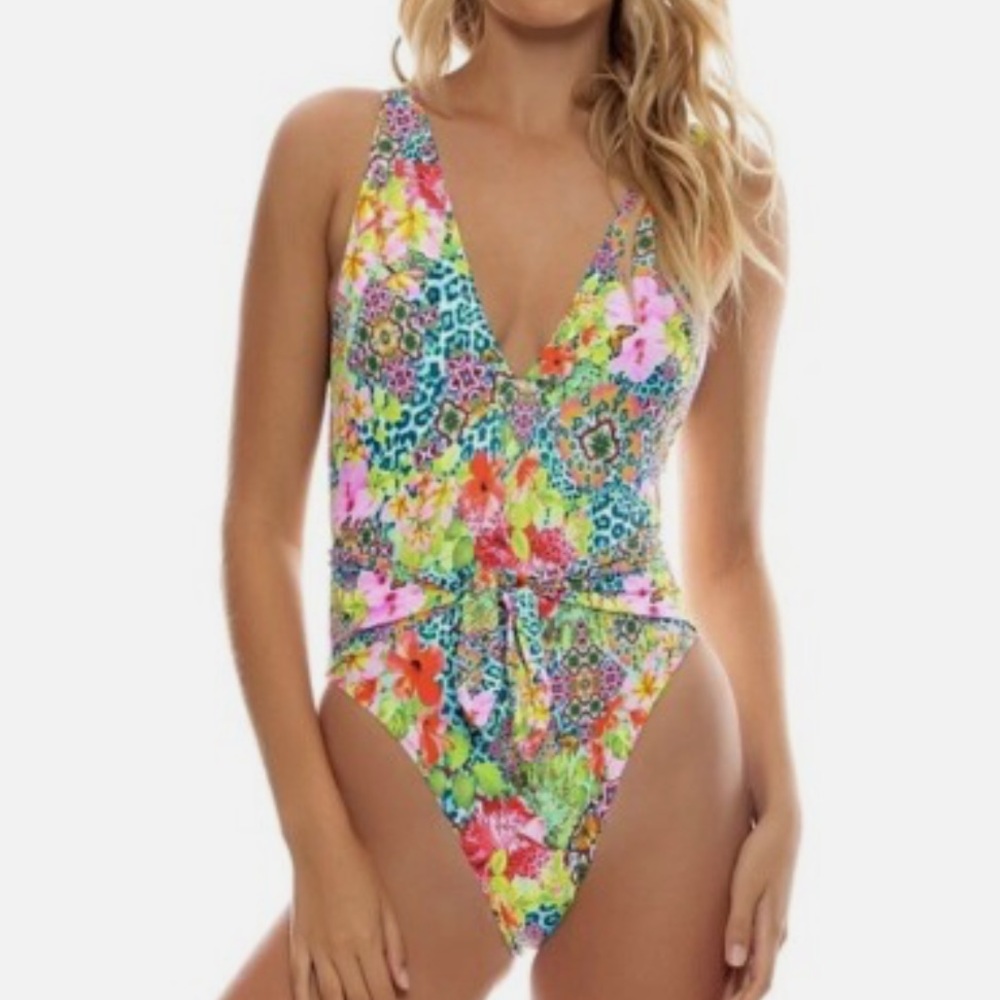 Luli Fama Swim Island Knotted One Piece Swimsuit Floral Bright Size XS
